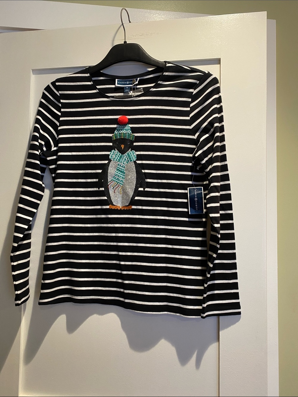 Karen Scott Black & White Striped Long-Sleeve Tee with Penguin Appliqué
